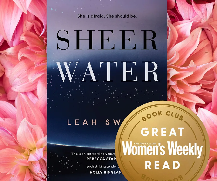 "Cover of 'Sheerwater' by Leah Swann with pink flowers and a Women's Weekly Book Club gold seal."