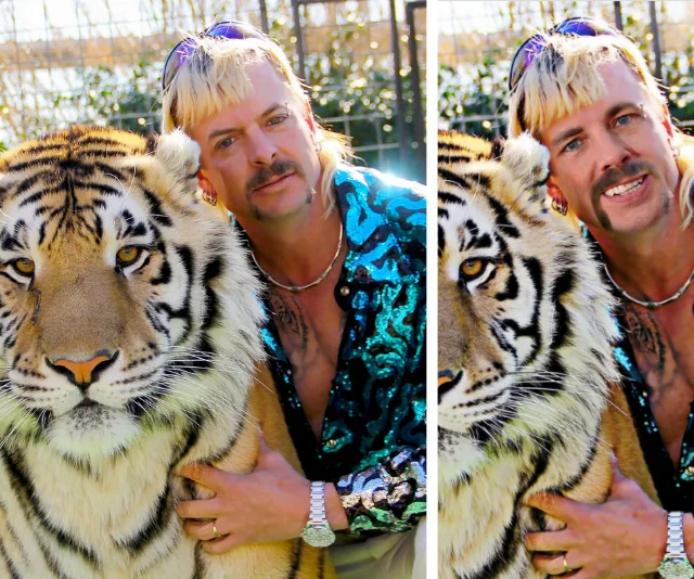 "Two side-by-side images of a man with a mullet and a sequined shirt, posing with a tiger in an outdoor setting."