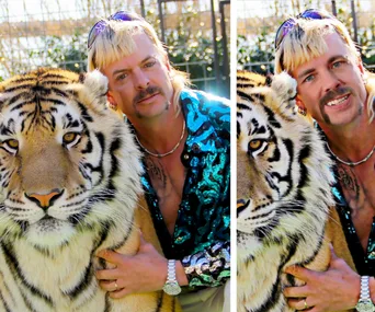 "Two side-by-side images of a man with a mullet and a sequined shirt, posing with a tiger in an outdoor setting."