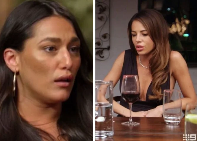 Two women from "Married at First Sight" appear serious during a discussion over drinks.