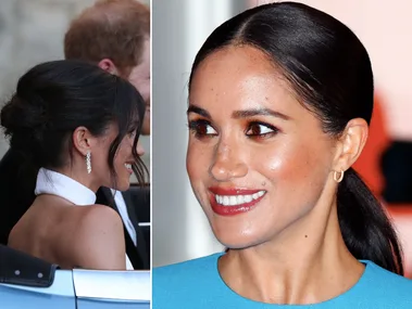 Two images of a woman with different hairstyles: a bun in profile view and a sleek ponytail in a frontal view.