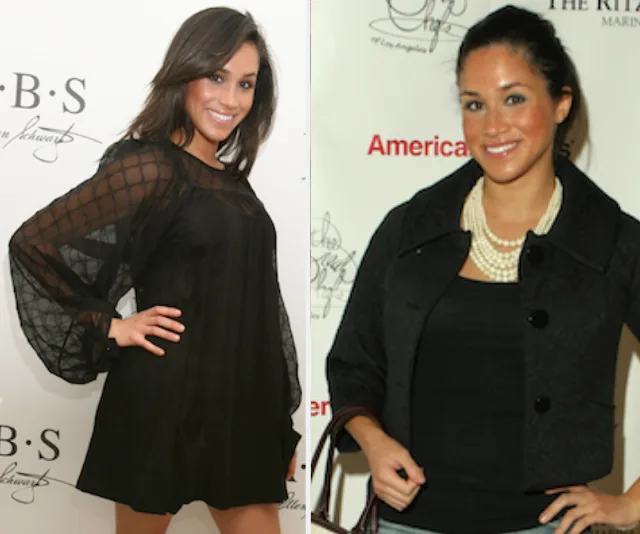 Two young women posing at separate events, both wearing stylish black outfits and smiling at the camera.