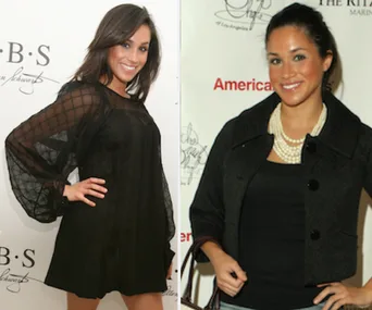 Two young women posing at separate events, both wearing stylish black outfits and smiling at the camera.