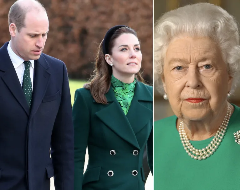 Royal family members in formal attire; man and woman walking, elderly woman with pearls in a separate frame.