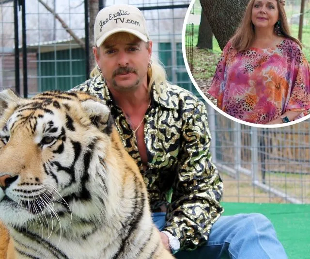 Man in sparkly shirt and cap with a tiger, inset woman in colorful top, outdoors in a fenced area.