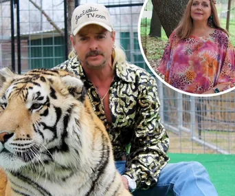 Man in sparkly shirt and cap with a tiger, inset woman in colorful top, outdoors in a fenced area.