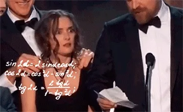 A confused woman at an award show with math equations superimposed, while others stand by.