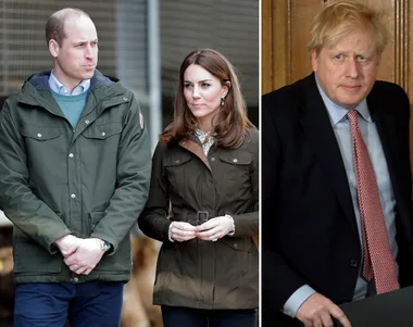 Prince William and a woman in outdoor clothes; Boris Johnson in a suit against a wooden backdrop.
