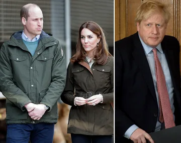 Prince William and a woman in outdoor clothes; Boris Johnson in a suit against a wooden backdrop.