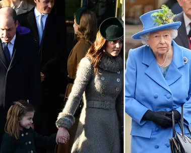 Royal family members at an event; a woman in blue and a woman in gray with a child holding hands.