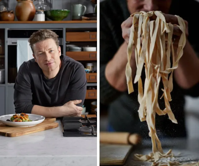 Jamie Oliver in a kitchen with a pasta dish; hands holding freshly made pasta strands on the side.