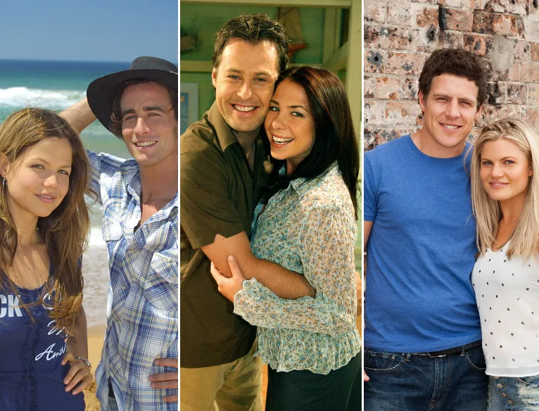 Three couples from "Home and Away" in various settings, smiling and embracing.