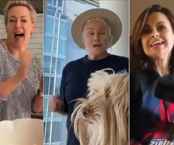 Three women, each smiling, in different settings; one has a dog and wears a hat.