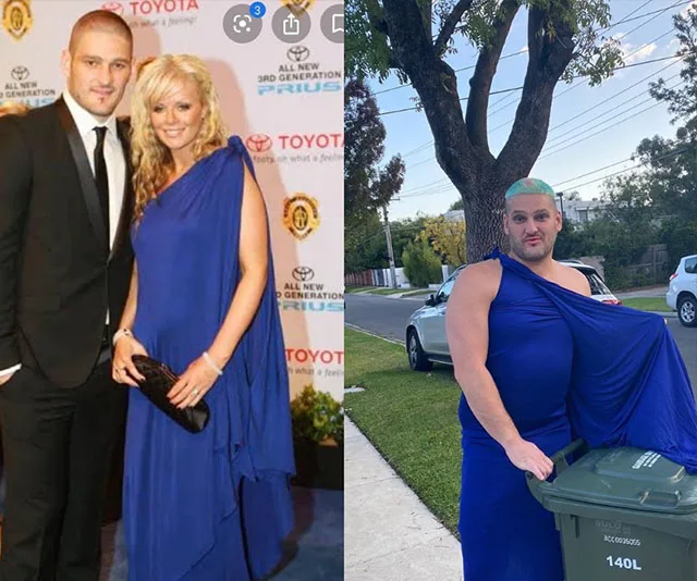 A person recreates a formal event outfit at home, wearing a blue dress next to a garbage bin with a playful expression.