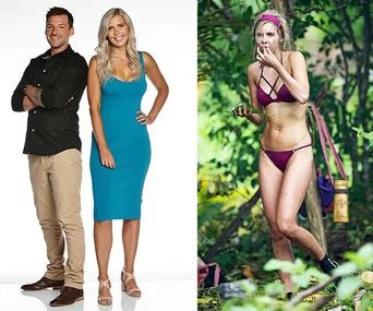 Two people posing together, and a woman in a bikini in a jungle setting on Survivor.