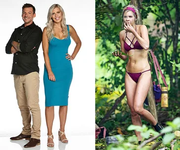 Two people posing together, and a woman in a bikini in a jungle setting on Survivor.