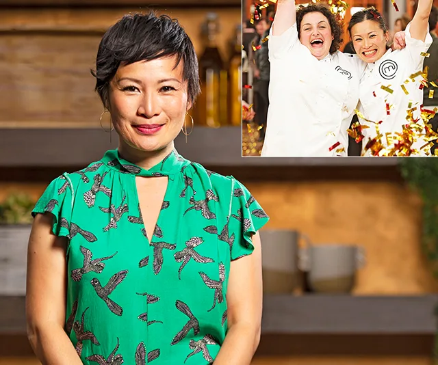 Poh Ling Yeow in green dress smiling, inset shows celebration scene with two chefs raising arms amidst confetti.