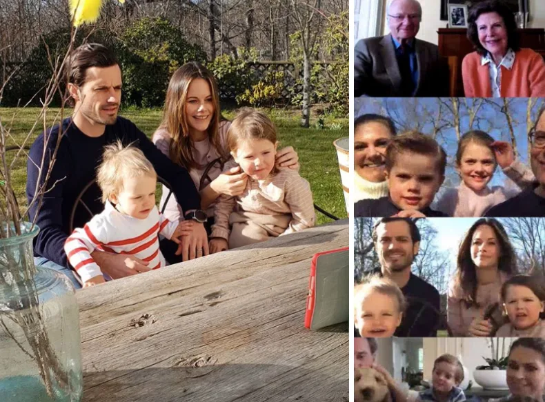 Swedish royal family members video call for Easter, sitting outdoors and smiling at a tablet.