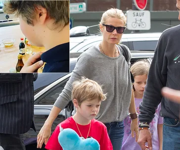 Gwyneth Paltrow walking with two children, one holding a blue heart, and an inset of a child cooking.