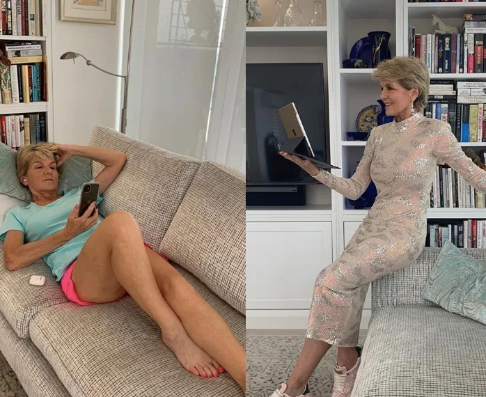 Two images: Left shows a woman lounging on a couch with her phone; right, she's dressed formally holding a laptop.