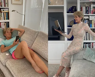 Two images: Left shows a woman lounging on a couch with her phone; right, she's dressed formally holding a laptop.