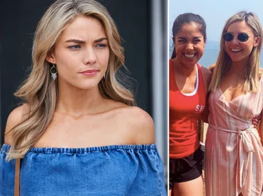 Blonde woman in denim top on left, smiling duo by the sea on right. Connected to "Home and Away" article.
