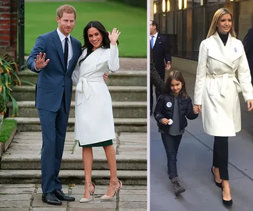 Two women in white coats; one waves with a man by her side, the other walks with a child.