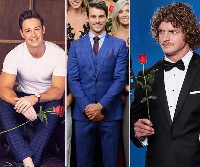 Three men from "The Bachelor Australia," each holding a rose, dressed in casual and formal attire, against different backdrops.