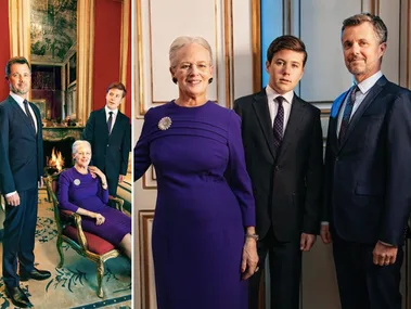 A formal portrait of three people dressed in suits, one seated in a purple dress, with an elegant interior backdrop.