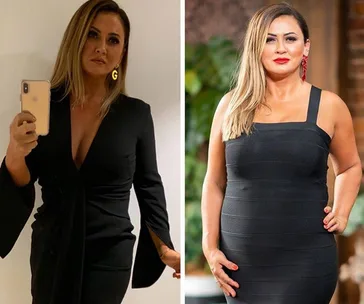 Two side-by-side images of a woman in black dresses, one taking a selfie, the other posing with hand on hip.