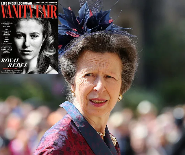 Princess Anne in a floral headpiece at an event with a Vanity Fair cover featuring her portrait in the corner.