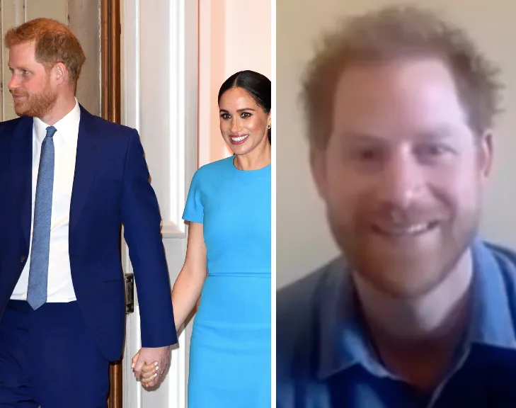 "Prince Harry and Meghan Markle holding hands; Prince Harry smiling in a video call."