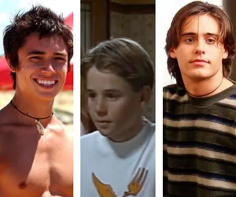 Three teenage heartthrobs side by side, each showcasing distinct styles: surfer, casual, and classic teen in TV settings.