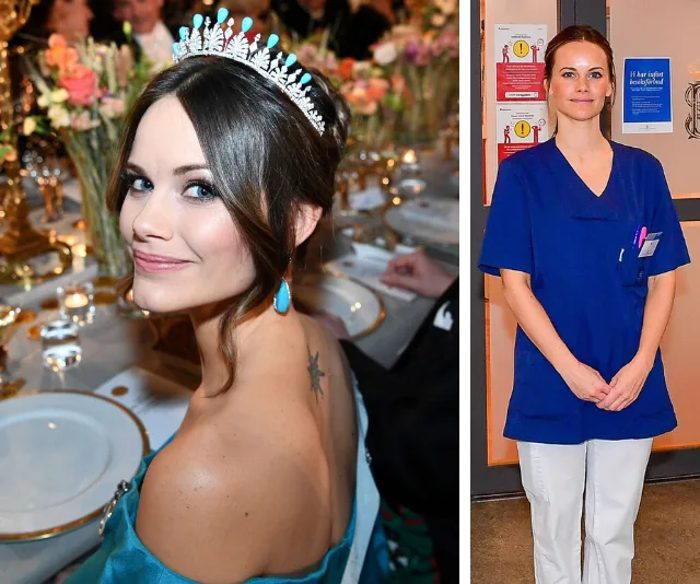 "Princess Sofia of Sweden at a formal event wearing a tiara, and in hospital scrubs at a healthcare setting."