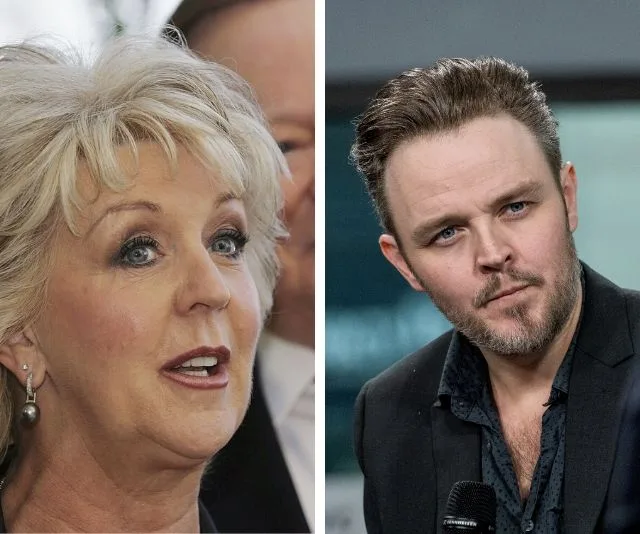 Portrait of a woman with blonde hair on the left and a man with short hair and beard on the right, both in conversation.