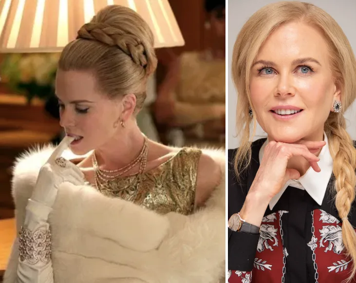 Nicole Kidman in a glamorous retro look on the left, and smiling with a braid hairstyle on the right.