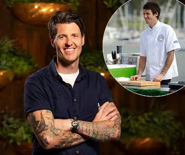 Portrait of a smiling man with tattoos, wearing casual clothes. Inset shows him in a chef's coat near a marina.