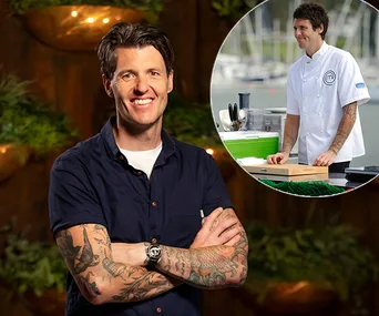 Portrait of a smiling man with tattoos, wearing casual clothes. Inset shows him in a chef's coat near a marina.
