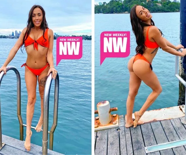 "Person in red bikini standing on dock ladder near water, smiling; 'NW' magazine logo visible."
