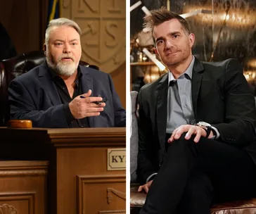 Two men in suits sitting in separate settings; one gesturing, the other sitting with legs crossed in a modern chair.
