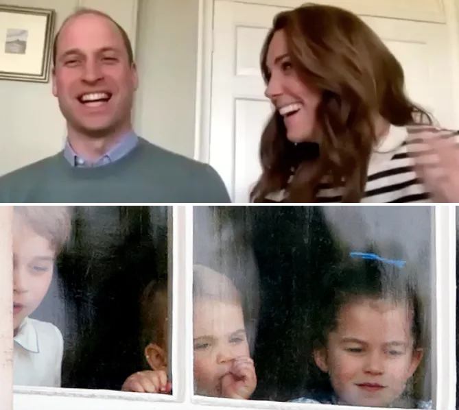 "Two adults smiling in a room; children looking out through a window below them."