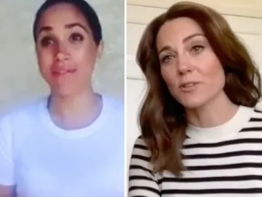 Women participating in a video call, one wearing a white top, the other in a striped shirt, neutral background.