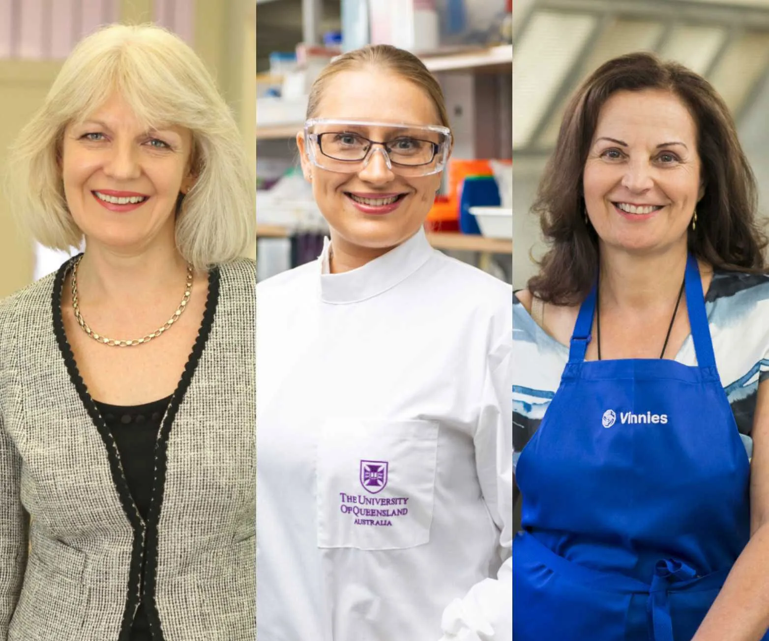 Three women are portrayed: one in business attire, a scientist in lab gear, and a volunteer in a Vinnies apron.