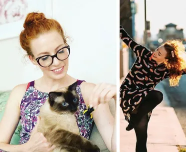 A woman with red hair and glasses sits with a cat; next image shows her dancing energetically outdoors.