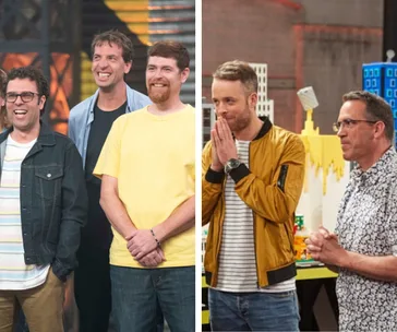 "Lego Masters Australia Season 2 contestants and hosts in studio setting, reacting and smiling."