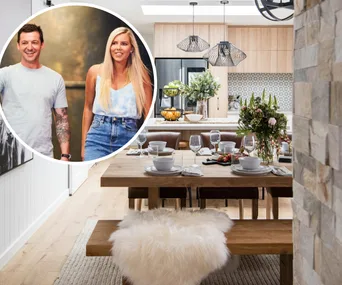 House Rules contestants with a renovated modern dining room, featuring wooden furniture and elegant table settings.