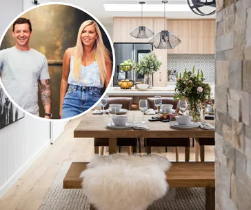 House Rules contestants with a renovated modern dining room, featuring wooden furniture and elegant table settings.