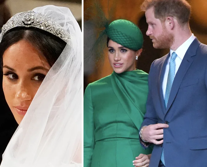 Meghan Markle in a wedding veil and later dressed in a green outfit with a hat, accompanied by Prince Harry.