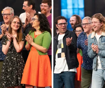 Contestants of Lego Masters Australia wear safety glasses, smiling and clapping in excitement on the show.