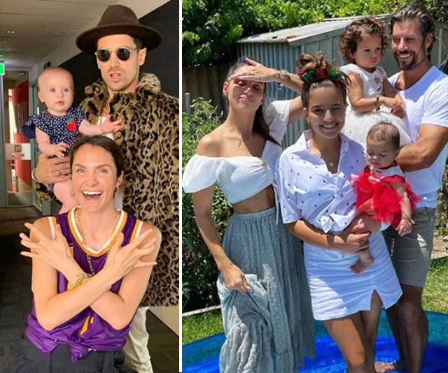 Families posing happily outdoors and indoors with young children and babies.